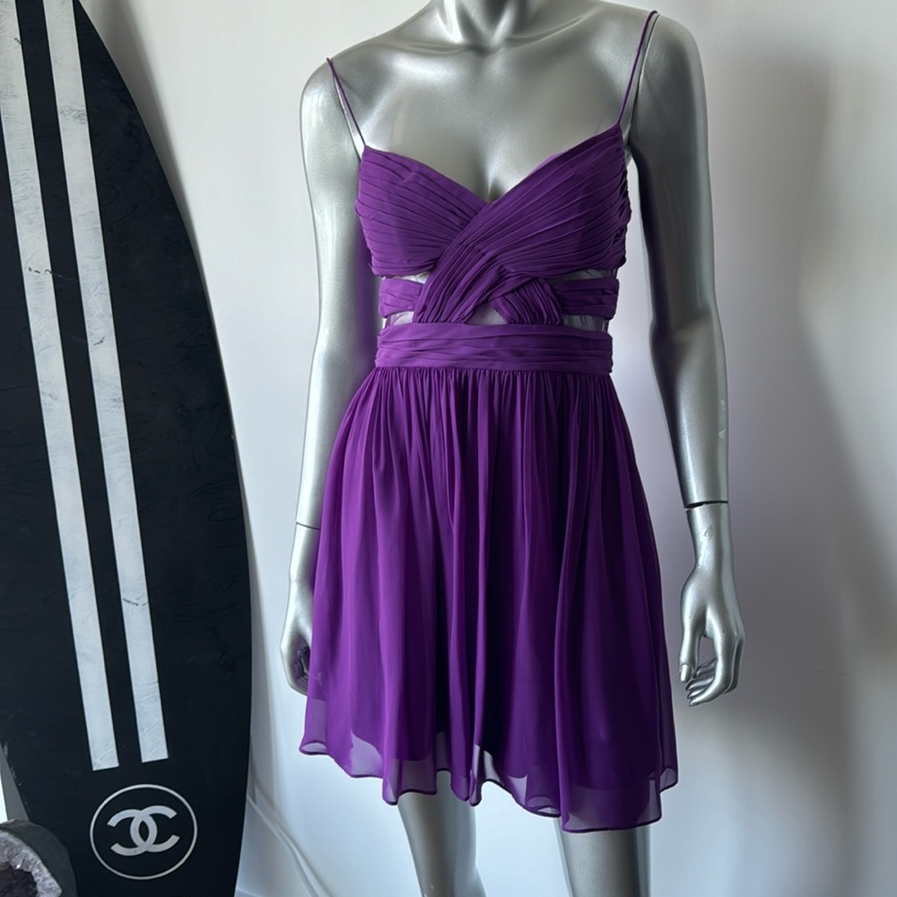 Purple Sweetheart neckline gathered dress with mesh paneling